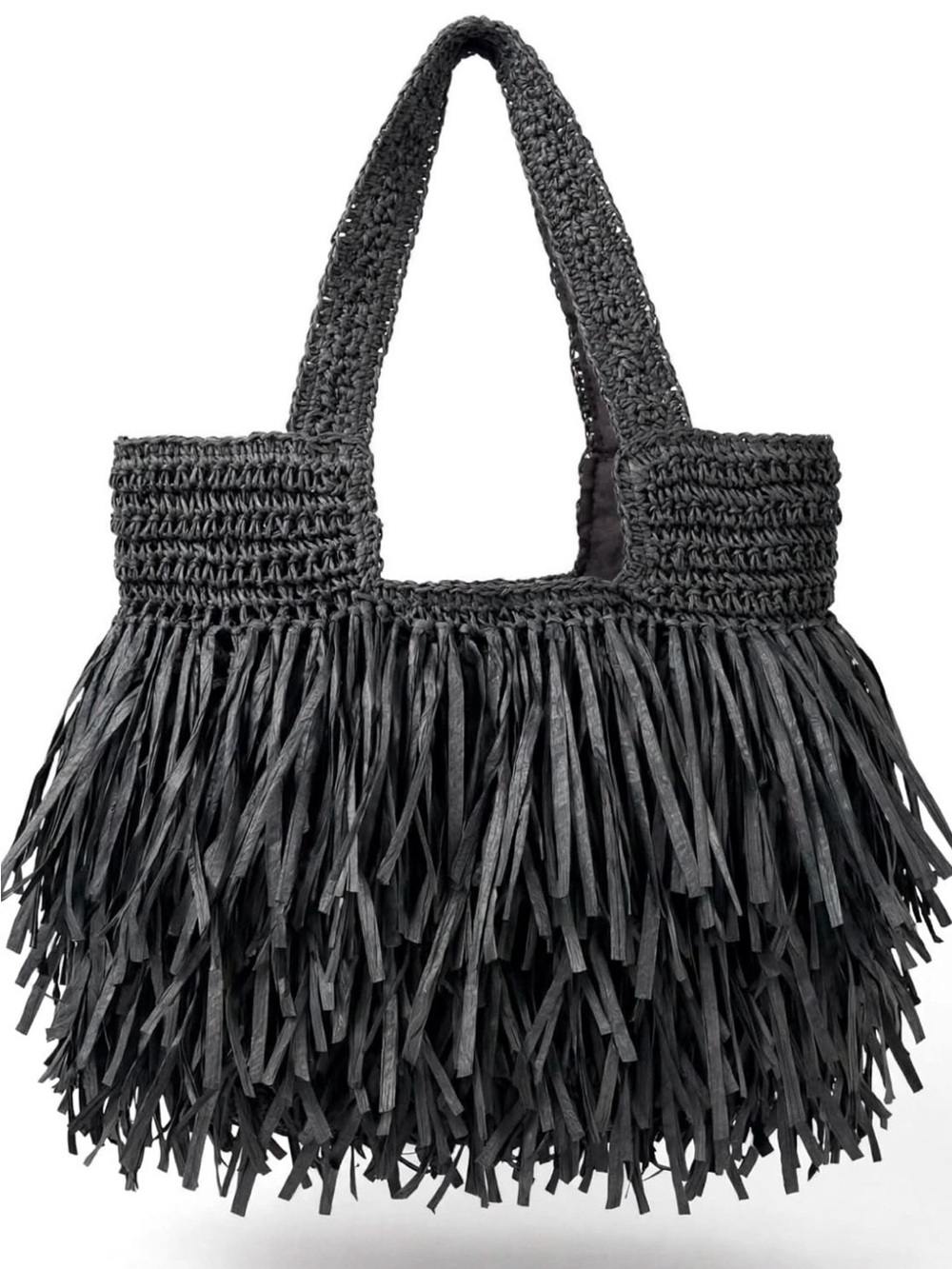 Black Fringe Crochet Tote Bag - Unbranded